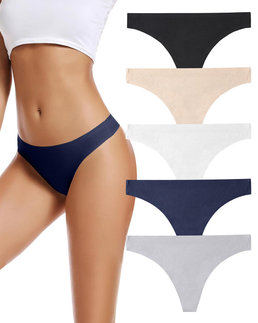 VOENXE Seamless Women Underwear Thongs,No Show Ladies Panties,Breathable Active Sports Thong,Invisible Workout Undies 5 Pack