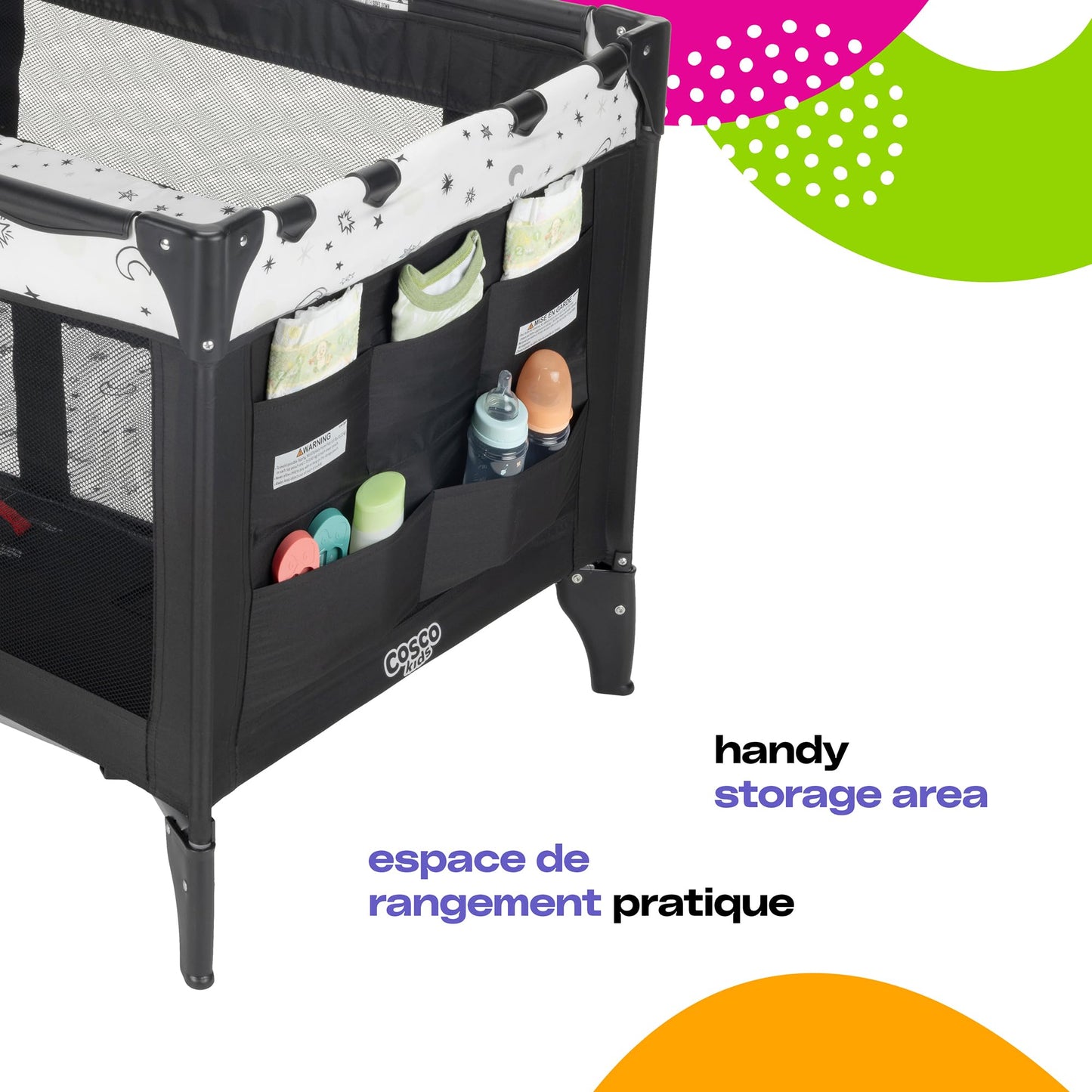 Cosco Kids Funsport® Plus Portable Playard with Full-Size Bassinet, Carry Bag & Wheels – Lightweight, Compact Fold, Breathable Mesh – Twinkle Twinkle Cosco