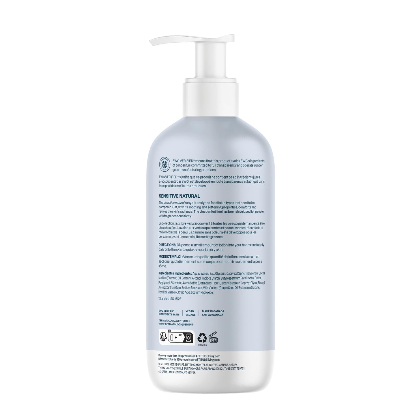 ATTITUDE Body Lotion for Sensitive Skin with Oat, Made in Canada, EWG Verified, Dermatologically Tested, Vegan, Extra Gentle, Unscented, 473 mL - Available at All In One Marketplace Canada