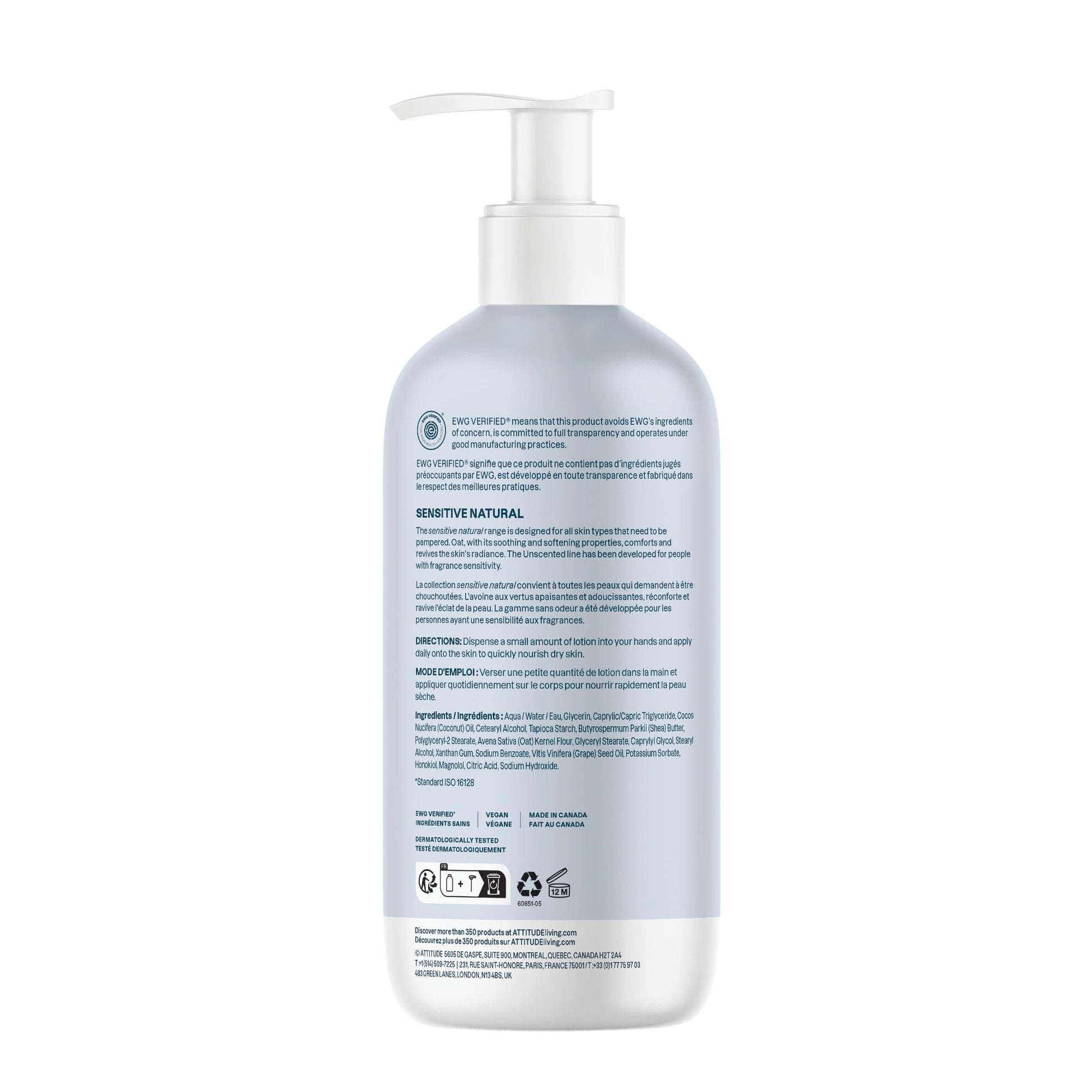 ATTITUDE Body Lotion for Sensitive Skin with Oat, Made in Canada, EWG Verified, Dermatologically Tested, Vegan, Extra Gentle, Unscented, 473 mL - Available at All In One Marketplace Canada
