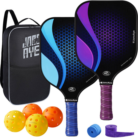 JoncAye Pickle-Ball Paddles Set of 2, Graphite Fiberglass Raquette with Indoor Outdoor Balls, Bag, Grip Tape, USAPA Approved Rackets for Beginners Intermediate All Levels