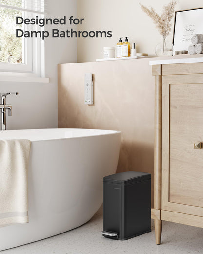 SONGMICS Bathroom Trash Can, Small Trash Bin with Lid, Slim for Small Spaces, Stainless Steel Garbage Can, Soft Close, 1.3 Gallon (5 L) Black ULTB560B05 SONGMICS