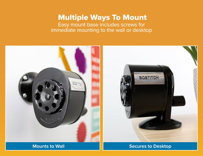 Bostitch Office Wall Mount Manual Pencil Sharpener, Tip Saver, 8 Hole Dial, 6X Longer Cutter Life, Vertical or Horizontal Mounting Black (MPS1-BLK) Bostitch