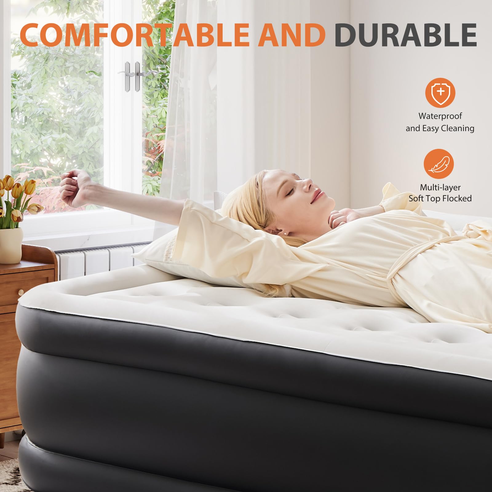 Sweetcrispy Twin Air Mattress, 18" Inflatable Blow Up Airbed with Built-in High Capacity Pump, Double Height, Non-Slip Bottom Design, Weight Capacity 660 lbs Air Bed for Home or Camping Sweetcrispy