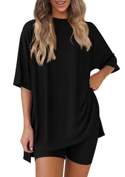 PRETTYGARDEN Women's Two Piece Lounge Set 2026 Summer Casual Oversized Shirts Biker Shorts Matching Airport Travel Outfit (Black,X-Large)