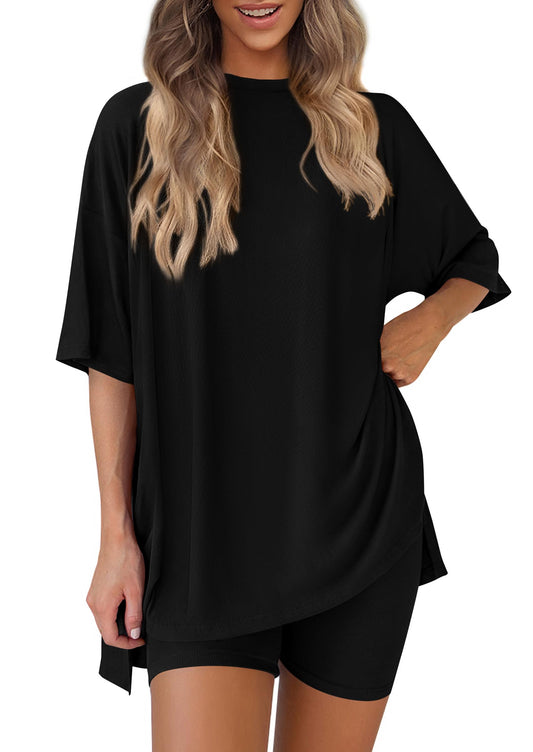 PRETTYGARDEN Women's Two Piece Lounge Set 2026 Summer Casual Oversized Shirts Biker Shorts Matching Airport Travel Outfit (Black,X-Large)