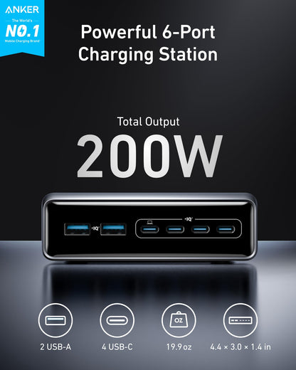 Anker Prime Charger, 200W 6-Port GaN Charging Station, USB-C PD Fast Charging Desktop Charger, Compatible with iPhone 17/Series, Samsung, MacBook, Dell and More