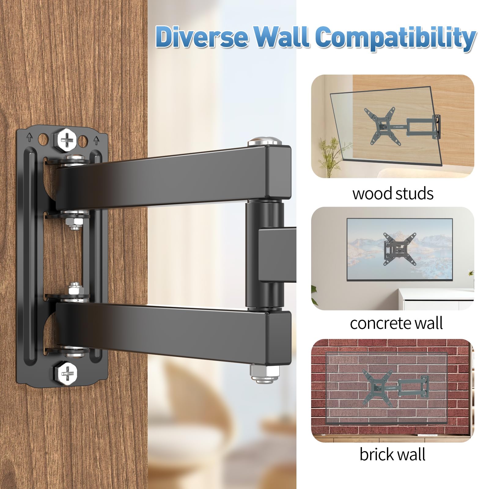 Full Motion Articulating TV Wall Mount Bracket with Swivel Tilt Extension & Rotation, Adjustable Arms for 13-42 Inch Flat/Curved LED LCD TVs & Monitors, Max 44lbs VESA 200x200mm