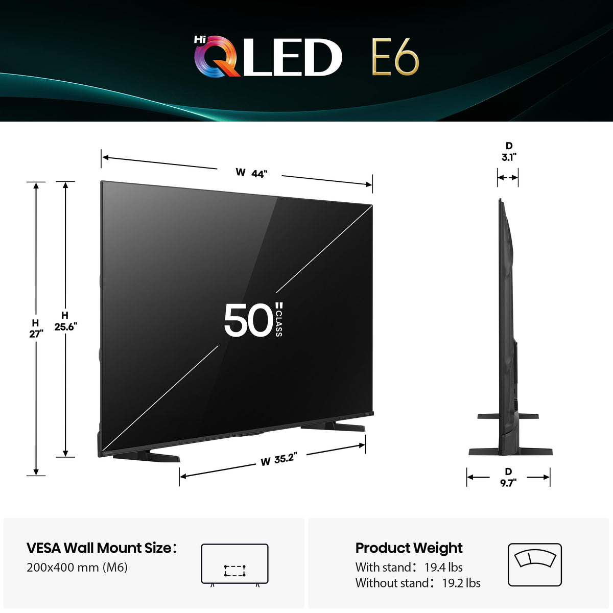 Hisense 50E6SF - 50" E6 Series Hi-QLED 4K UHD Smart Fire TV, AI Light Sensor, Dolby Vision · Atmos, Voice Remote with Alexa, Motion Rate 120, HDR 10+ Adaptive, Game Mode Plus (2026 New Model)