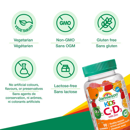 Jamieson Kids Immune Gummies with Vitamin C, Vitamin D & Zinc, 90 Gummies, Strawberry and Orange Flavours, Supports Immune Health, Strong Teeth and Bones, Helps in Wound Healing. Vegetarian, Non-GMO - Available at All In One Marketplace Canada