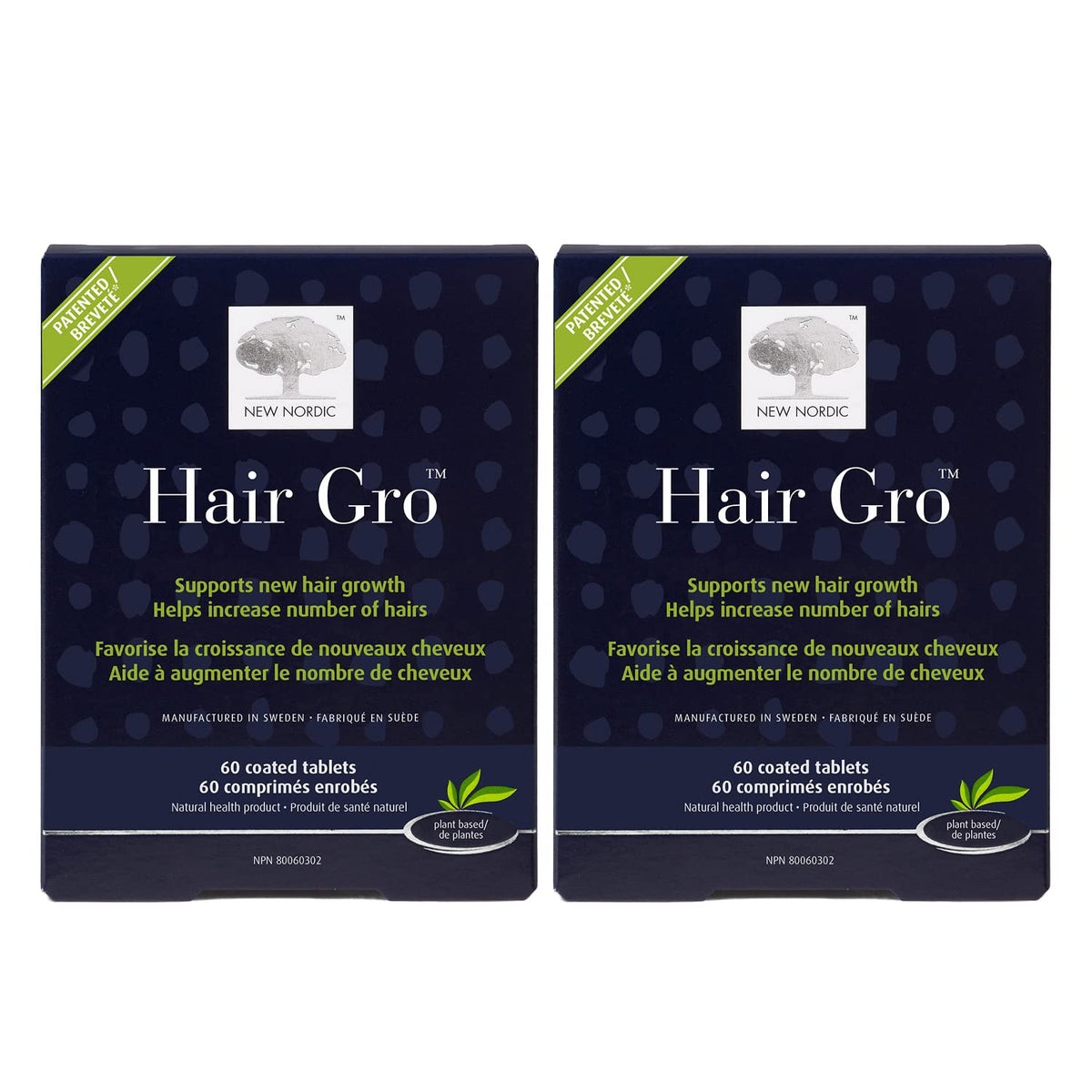New Nordic Hair Gro - Natural Hair Growth Product with Biotin, Apple Extract & Patented Tocotrienol Complex - Non-GMO, Gluten-Free & Dairy-Free - 60 Vegan Tablets (Pack of 2)