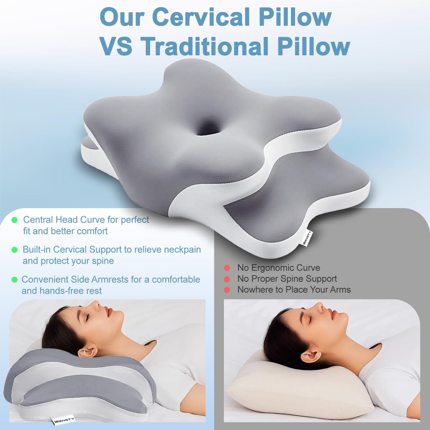 Sleep Apnea Pillow with Neck Pain & Snoring Relief -Orthopedic Cervical Pillow, Ergonomic Contour Memory Foam Pillow for Side,Back,Stomach Sleepers,Dreamers (Gray, Queen Size) - Available at All In One Marketplace Canada