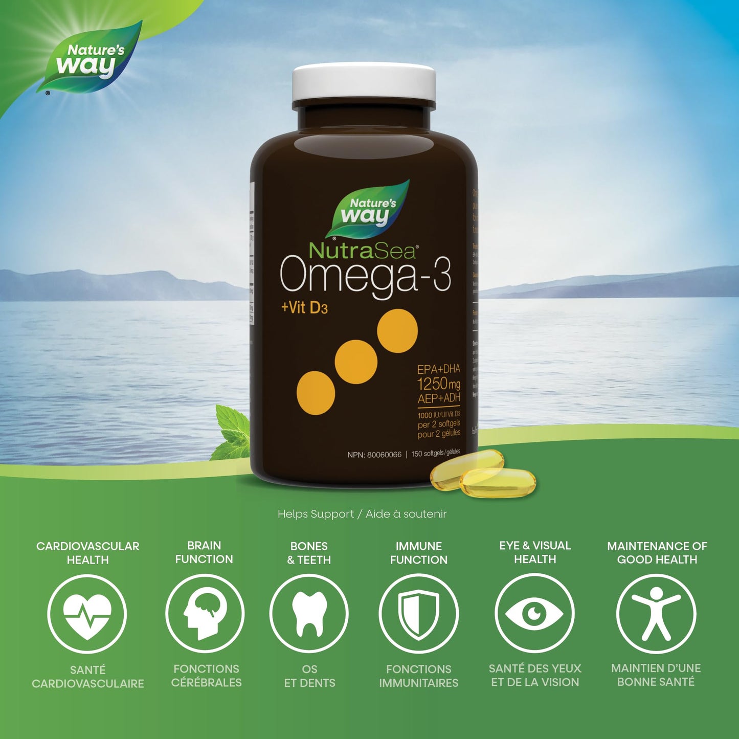 Nature's Way NutraSea +D Omega 3 + Vitamin D Softgels Supplement with Fish Oil – Fresh Mint Flavour – Heart, Brain, Bone & Immune Support for Adults and Kids 6+ – EPA & DHA + 1000IU D3, 150 Softgels Nature's Way