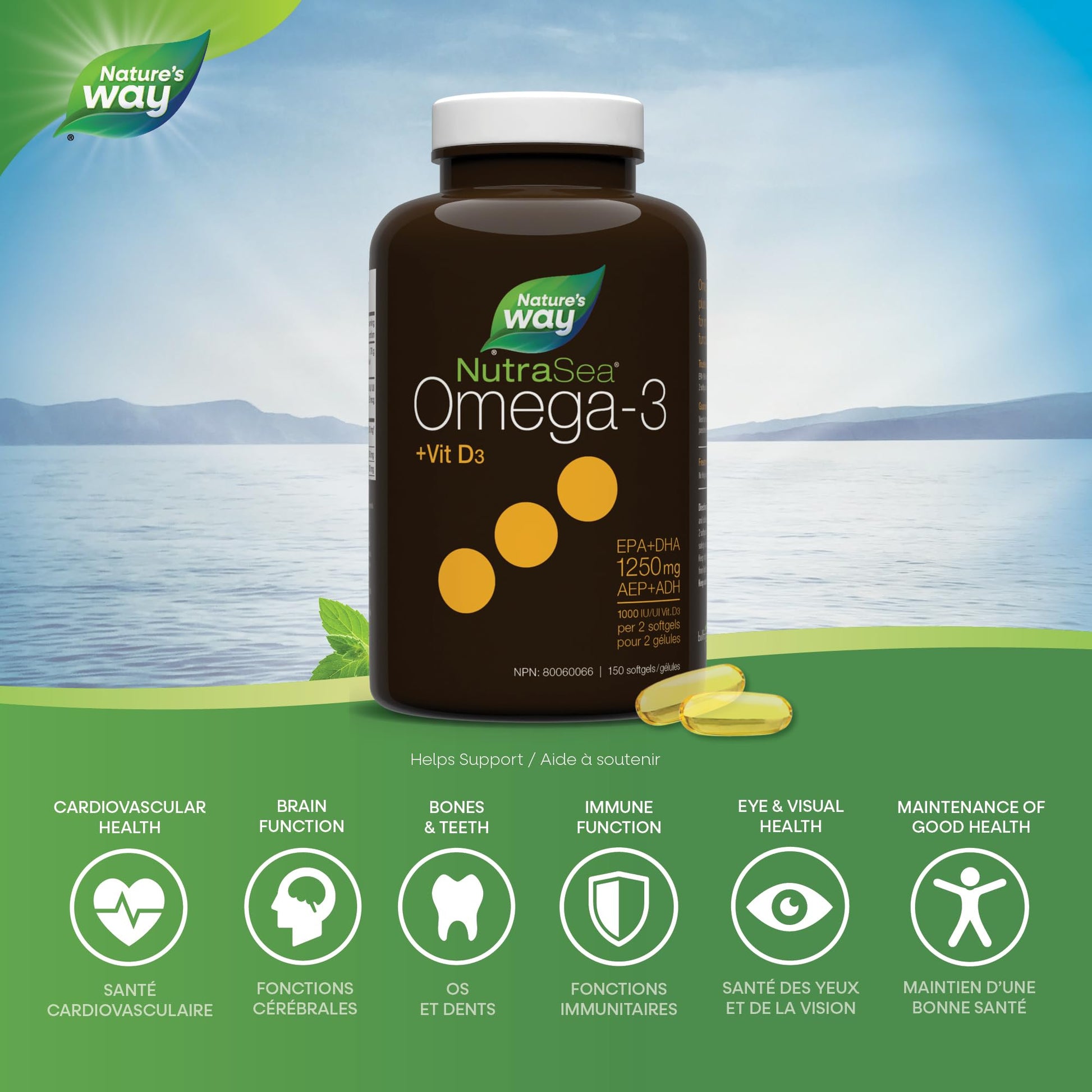 Nature's Way NutraSea +D Omega 3 + Vitamin D Softgels Supplement with Fish Oil – Fresh Mint Flavour – Heart, Brain, Bone & Immune Support for Adults and Kids 6+ – EPA & DHA + 1000IU D3, 150 Softgels Nature's Way