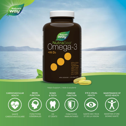 Nature's Way NutraSea +D Omega 3 + Vitamin D Softgels Supplement with Fish Oil – Fresh Mint Flavour – Heart, Brain, Bone & Immune Support for Adults and Kids 6+ – EPA & DHA + 1000IU D3, 150 Softgels Nature's Way