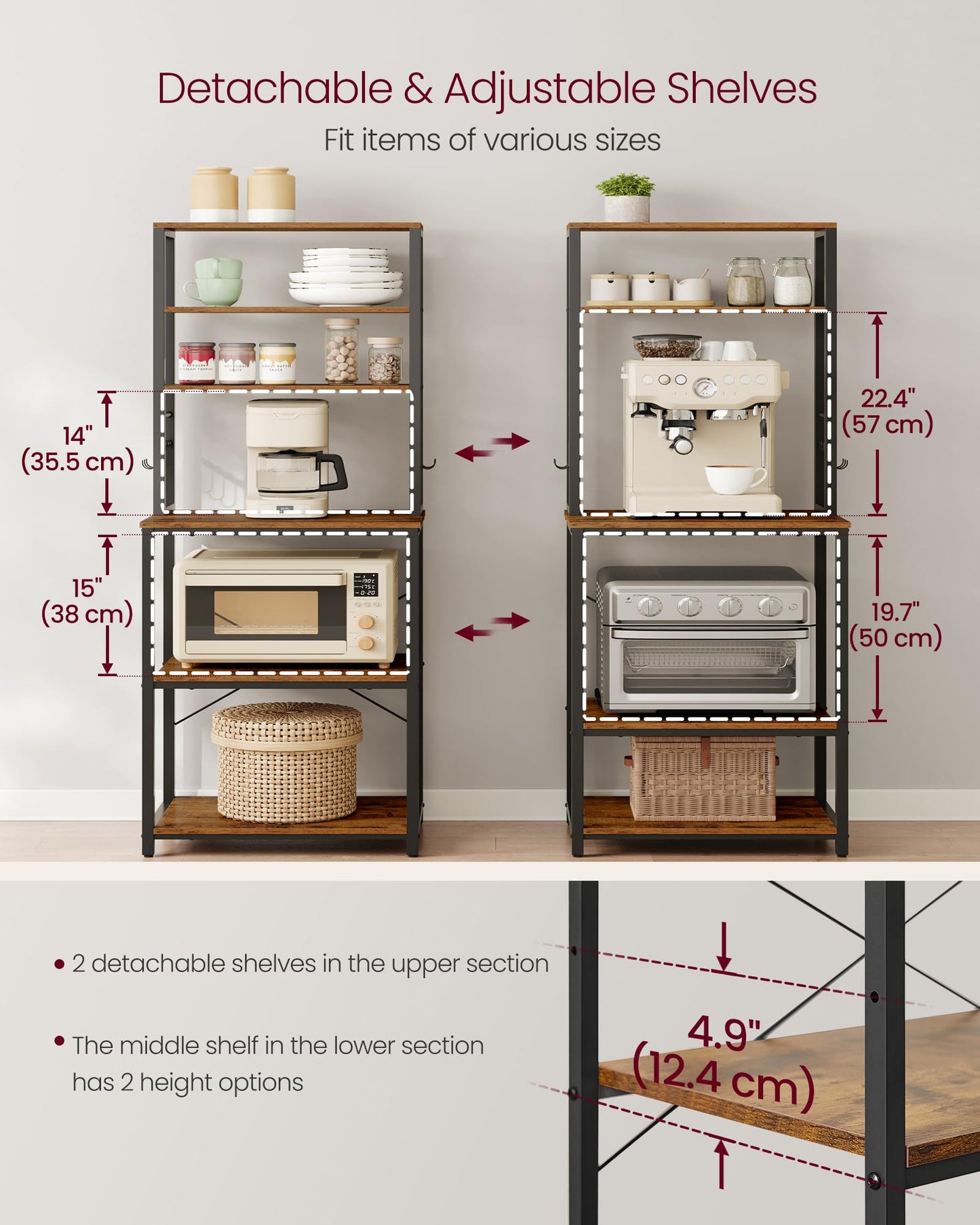 VASAGLE Coffee Bar, Baker’s Rack for Kitchen with Storage, 6-Tier Kitchen Shelves with 6 Hooks, Microwave Stand, Industrial, 15.7 x 23.6 x 65.7 Inches, Rustic Brown and Black UKKS024B01 🍁 All In One Marketplace Canada VASAGLE