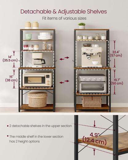 VASAGLE Coffee Bar, Baker’s Rack for Kitchen with Storage, 6-Tier Kitchen Shelves with 6 Hooks, Microwave Stand, Industrial, 15.7 x 23.6 x 65.7 Inches, Rustic Brown and Black UKKS024B01 🍁 All In One Marketplace Canada VASAGLE
