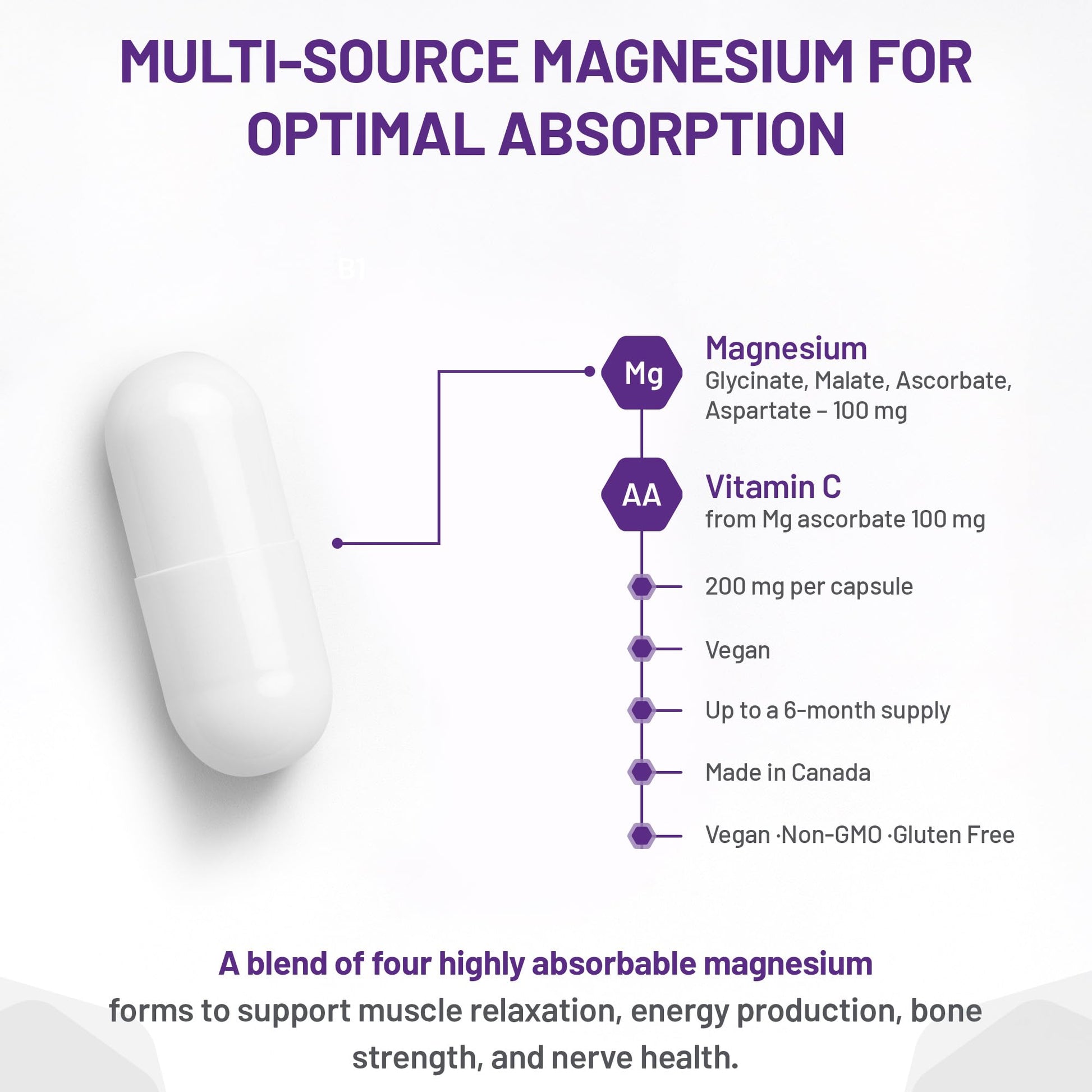AOR Advanced Magnesium Complex 200mg, 180 Capsules 180-Day Supply - Highly Absorbable Magnesium Glycinate, Aspartate, Malate & Ascorbate - Elemental Chelated Complex for Relaxation and Muscle Comfort - Available at All In One Marketplace Canada