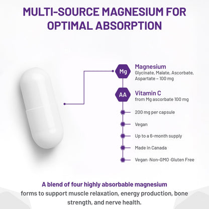 AOR Advanced Magnesium Complex 200mg, 180 Capsules 180-Day Supply - Highly Absorbable Magnesium Glycinate, Aspartate, Malate & Ascorbate - Elemental Chelated Complex for Relaxation and Muscle Comfort - Available at All In One Marketplace Canada