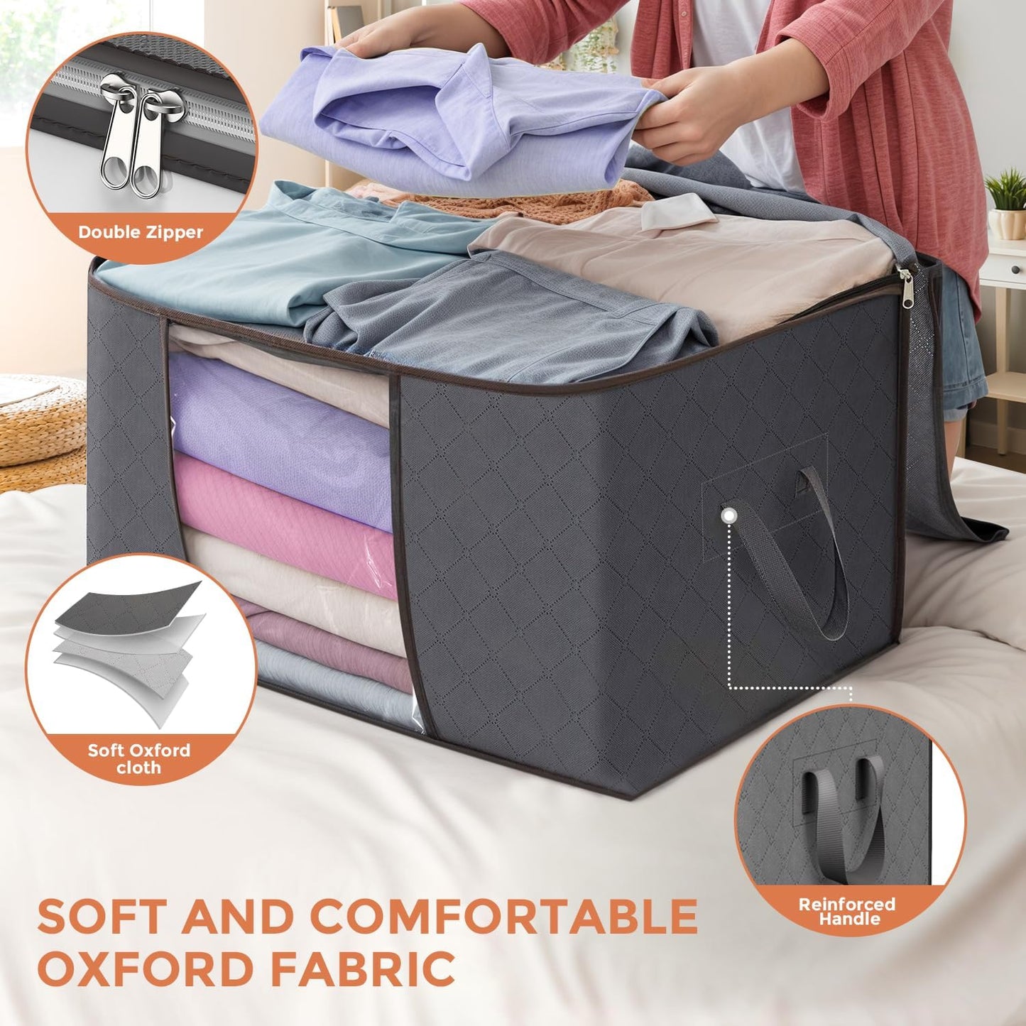 90 L Large Storage Bags, 6 Pack Clothes Storage Bins Foldable Closet Organizers and Storage Containers with Reinforced Handle for Clothing, Blanket, Comforters, Bed Sheets, Pillows and Toys (Gray) - Available at All In One Marketplace Canada