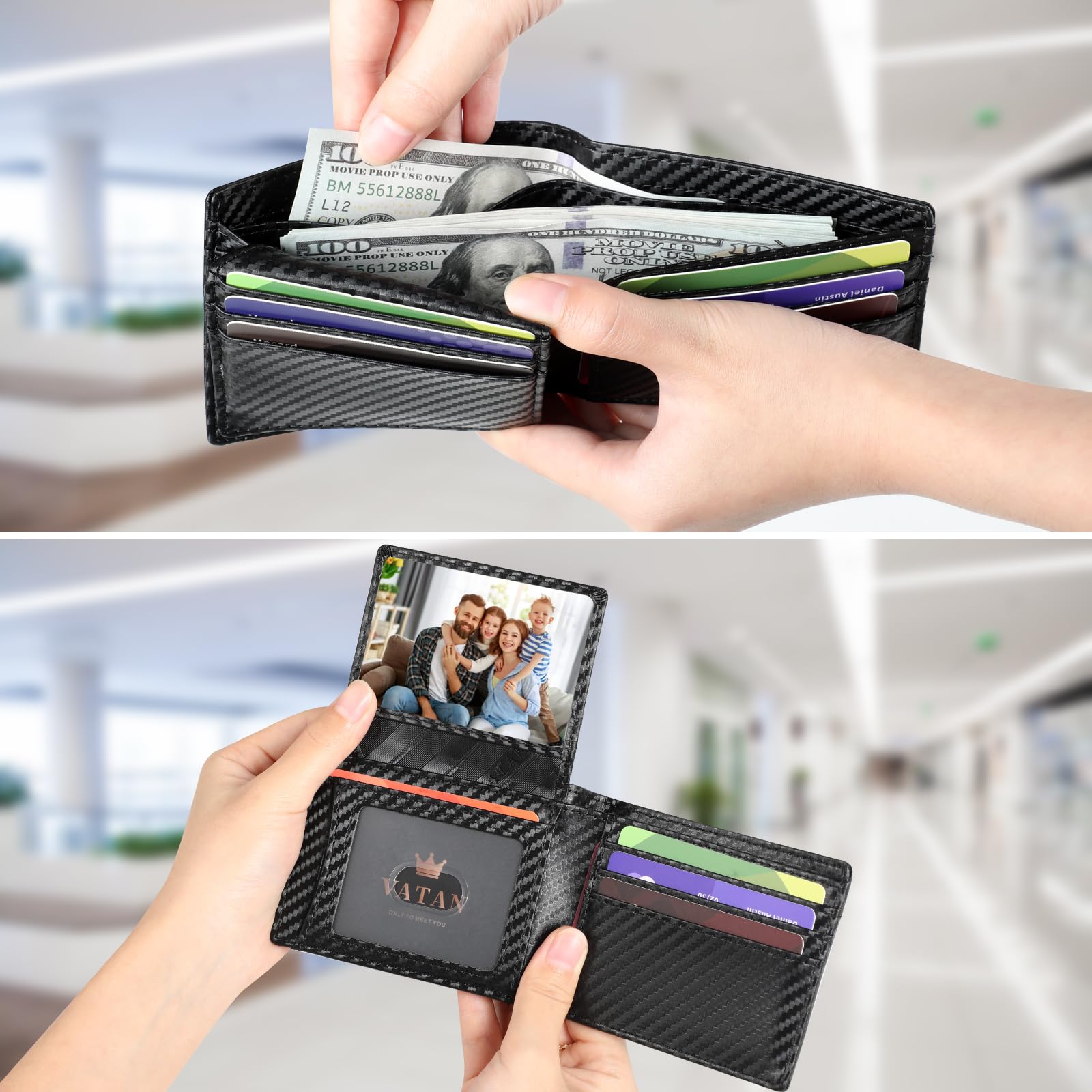 VATAN Wallet for Men Slim RFID Blocking Leather Credit Card Holder Wallet for 15 Cards, Bifold Minimalist Thin Wallet with 2 ID Windows & Cash Slot, with Gift Box (Carbon Fiber Black) - Available at All In One Marketplace Canada
