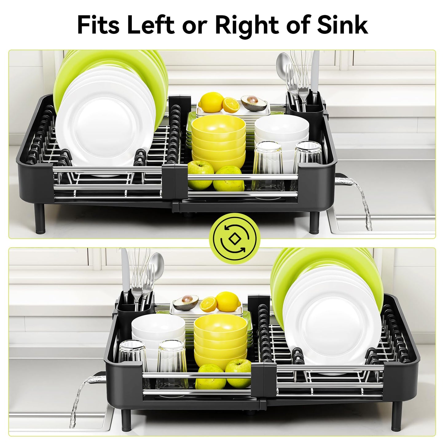 Urackify Extendable Dish Drying Rack, Dual Part Dish Drainers with Non-Scratch and Movable Cutlery Drainer and Drainage Spout, Adjustable Dish Rack for Kitchen,Black - Available at All In One Marketplace Canada