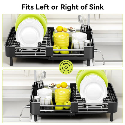 Urackify Extendable Dish Drying Rack, Dual Part Dish Drainers with Non-Scratch and Movable Cutlery Drainer and Drainage Spout, Adjustable Dish Rack for Kitchen,Black - Available at All In One Marketplace Canada