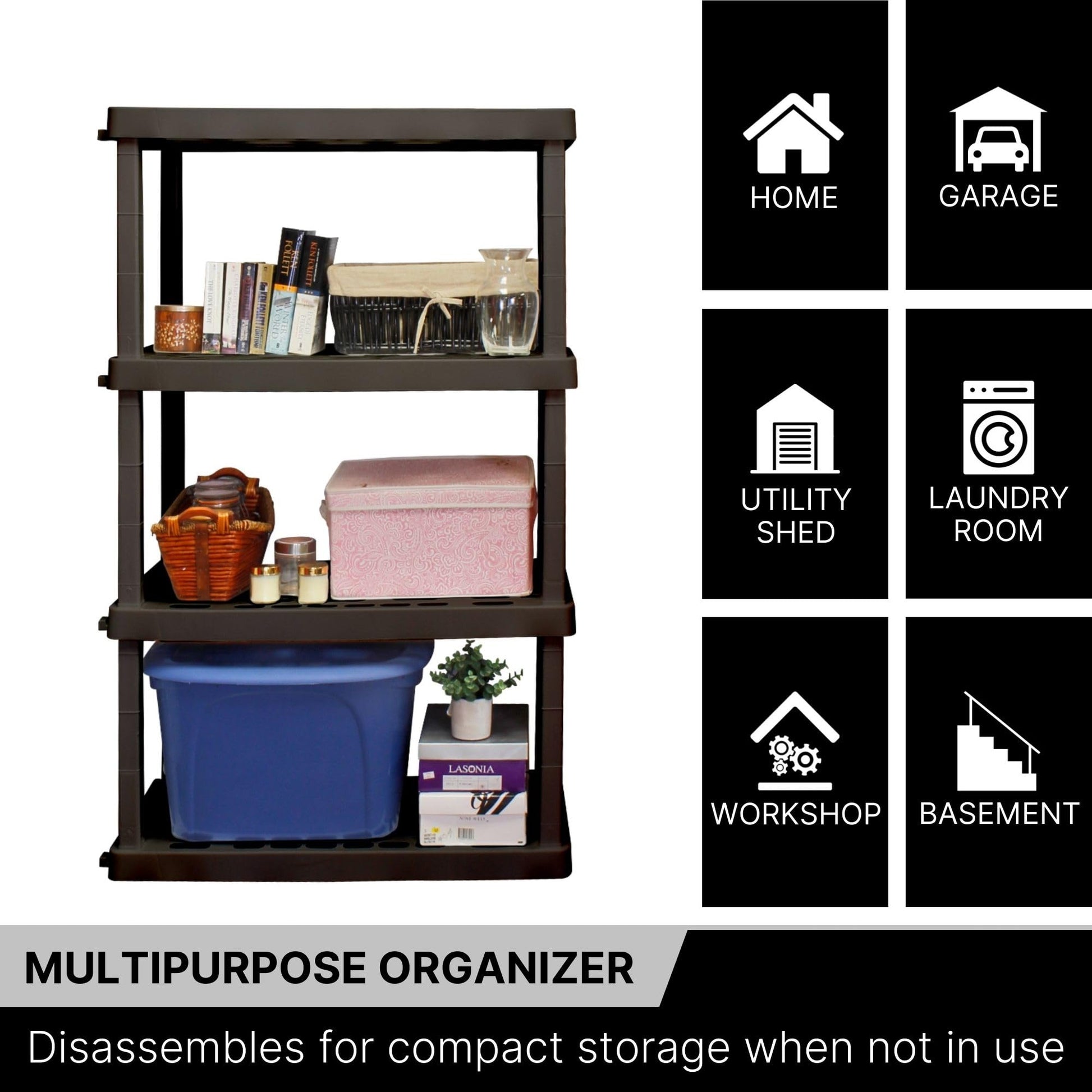 Koolatron Oscar Heavy Duty Plastic Storage Shelves- for Garage, Kitchen, Bathroom Basement, Kids Room, Toys,Stackable 4-Tier Black, Organizer Rack for Books Shoes, Pantry, Cleaning, Made in Canada Koolatron