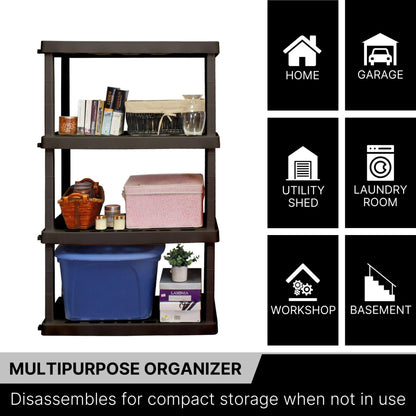 Koolatron Oscar Heavy Duty Plastic Storage Shelves- for Garage, Kitchen, Bathroom Basement, Kids Room, Toys,Stackable 4-Tier Black, Organizer Rack for Books Shoes, Pantry, Cleaning, Made in Canada Koolatron