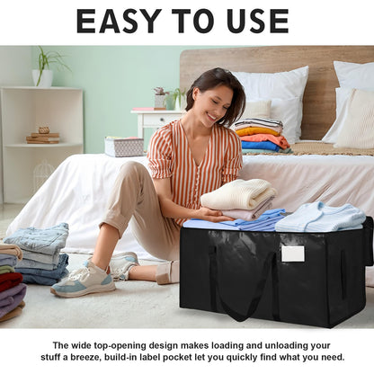 6 Pack-Extra Large Heavy Duty Moving Bags - Waterproof Storage Totes with Handles & Zippers, Foldable for College Dorm, Storage (Black)