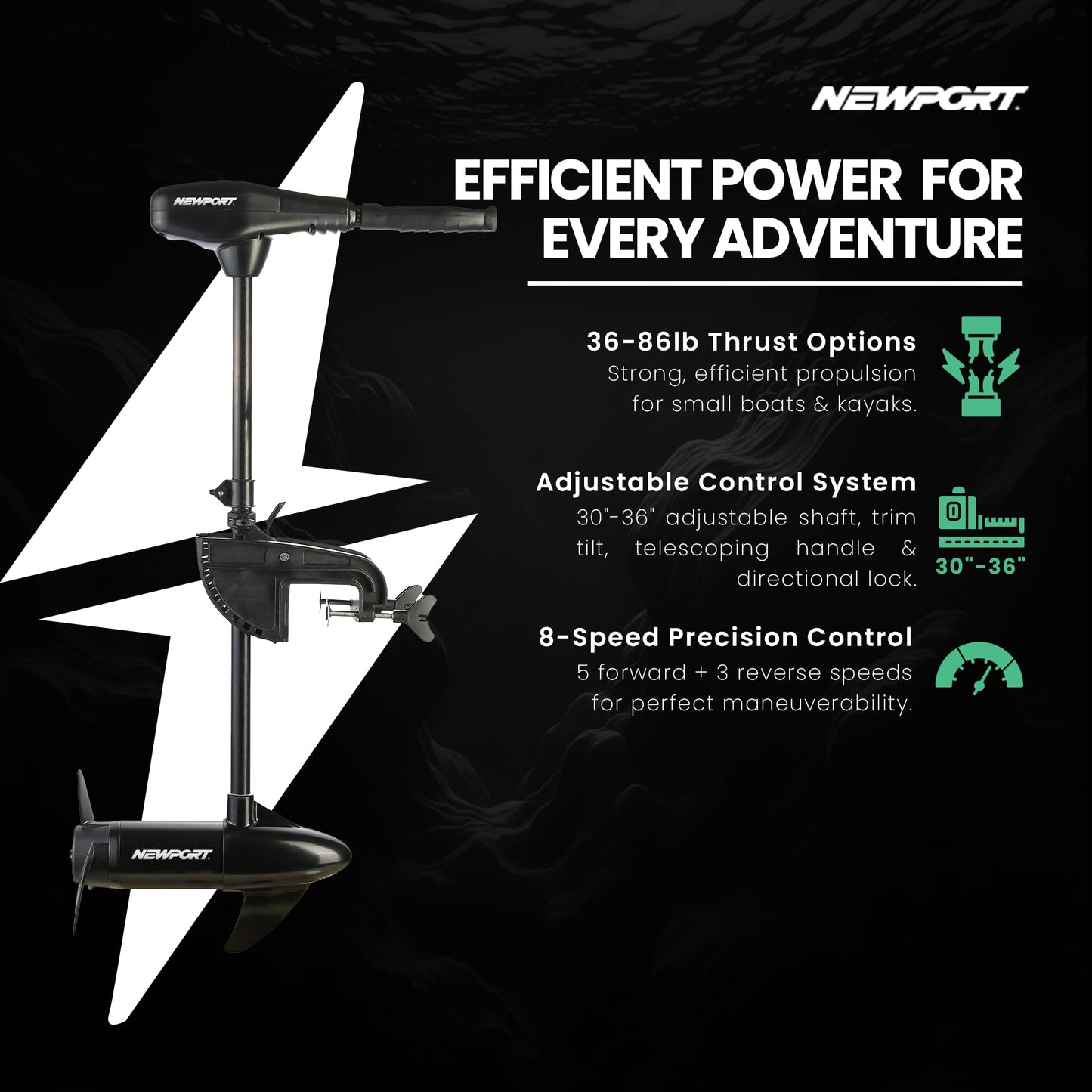 Newport Vessels NV-Series 46lb Thrust Saltwater Transom Mounted Trolling Electric Trolling Motor w/ LED Battery Indicator & 30" Shaft Newport Vessels