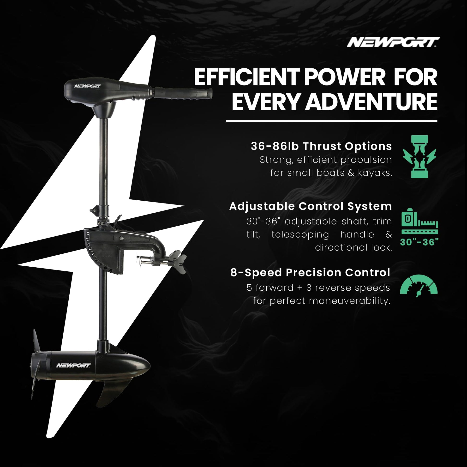 Newport Vessels NV-Series 46lb Thrust Saltwater Transom Mounted Trolling Electric Trolling Motor w/ LED Battery Indicator & 30" Shaft Newport Vessels