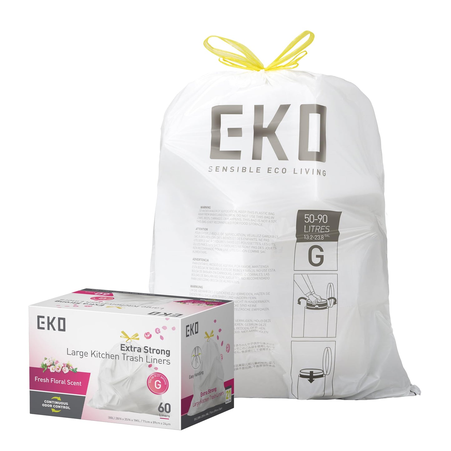 EKO Extra Strong 21 Gallon Large Trash Bags, Heavy-Duty Drawstring Kitchen & Household Garbage Bags (80L), Leak-Resistant, Fresh Floral Scent, Continuous Odor Control, 60 Count, Code G EKO