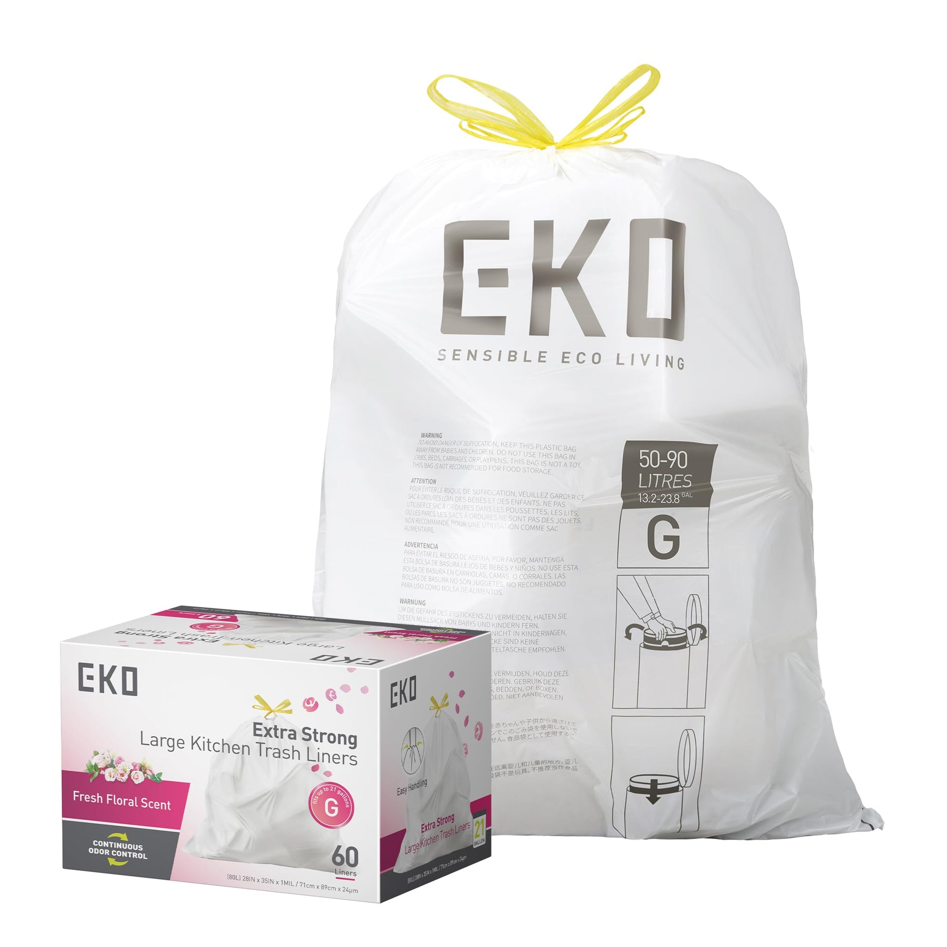 EKO Extra Strong 21 Gallon Large Trash Bags, Heavy-Duty Drawstring Kitchen & Household Garbage Bags (80L), Leak-Resistant, Fresh Floral Scent, Continuous Odor Control, 60 Count, Code G EKO