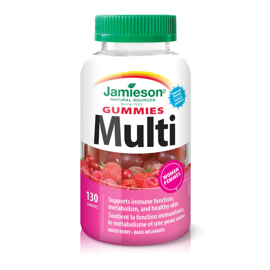 Jamieson Multivitamin Gummies for Women, 130 Gummies Mixed Berry Flavour. Supports Bone Health, Immunity, Energy, Hair, Skin Nails. With Biotin and Vitamin B12, Vegetarian, Non-GMO - Available at All In One Marketplace Canada