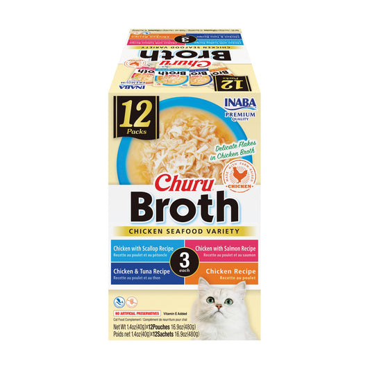 INABA Churu Broth for Cats, Side Dish Pouch, 39 Grams per Pouch, 12 Pouches, Chicken & Seafood Variety