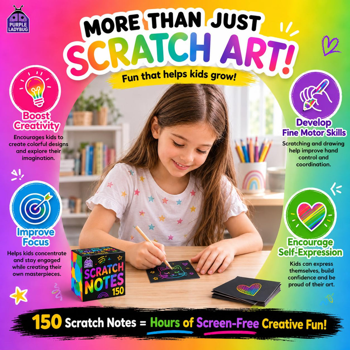 150 Rainbow Scratch Art Paper Mini Notes - Ideal Stocking Stuffers for Kids 🍁 All In One Marketplace Canada