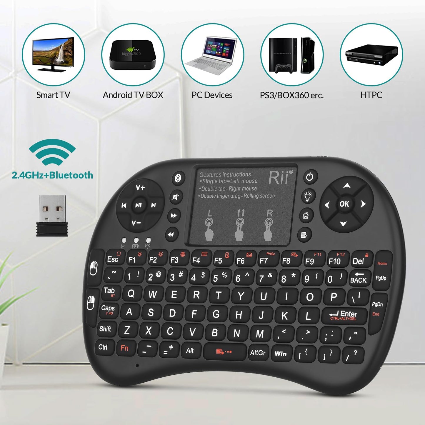 Rii i8+ Mini Wireless Keyboard,Bluetooth Keyboard with Touchpad,Handheld Remote,LED Backlit Compatible with Android TV Box, Android Smart TV,HTPC,Raspberry Pi, Win 7 8 10,Mac OS