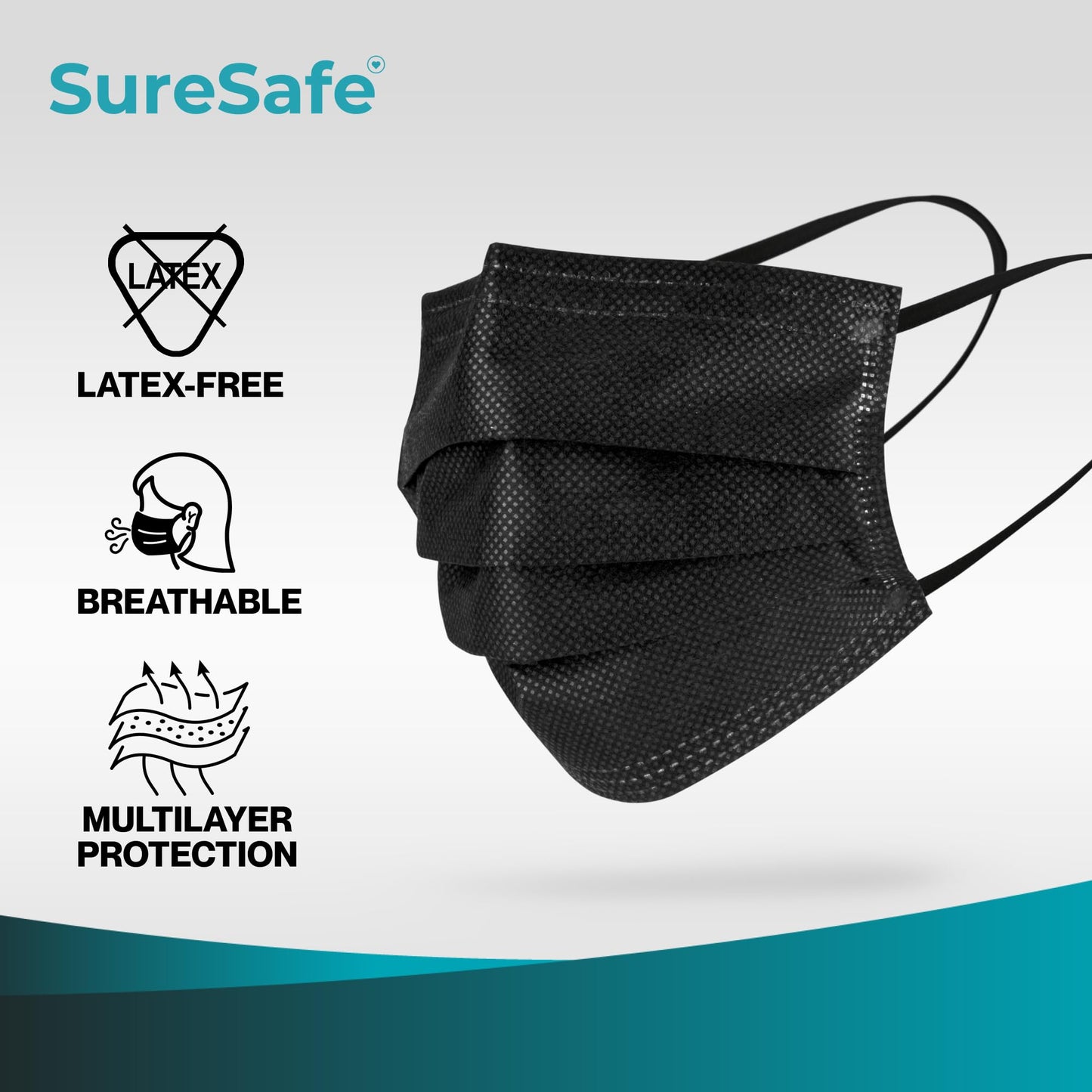 SURESAFE Premium Black Mask - Disposable Face Mask Pack of 100, 3 Ply face mask with Ear Loop, Women and Men Face Mask, High Filtration