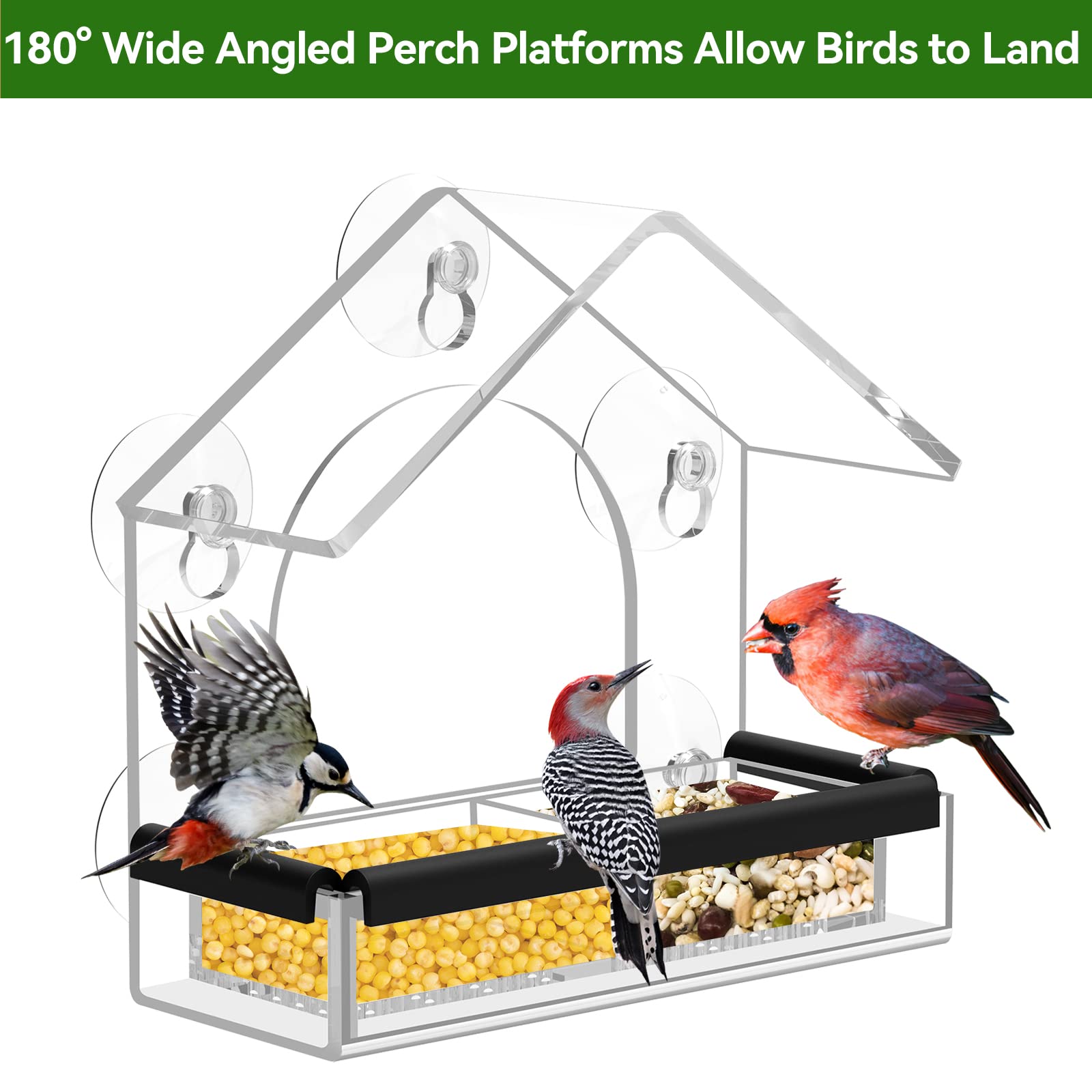 Clear Window Bird Feeder with 5 Extra Strong Suction Cups, DY-SKTY Sturdy and Durable Acrylic Birdfeeders for Viewing Wild Birds Outside, as a Bird Watching Gift, Outdoor Birdhouse Box, Garden Decor - Available at All In One Marketplace Canada