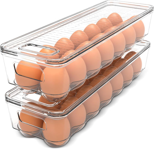 KICHLY Pack of 2 - Egg Basket for fridge - Egg Holder for Fridge - 14 Egg Container With Lid & Handle, Egg Container For Refrigerator, Stackable Plastic Egg Tray with Lids (Clear) - Available at All In One Marketplace Canada