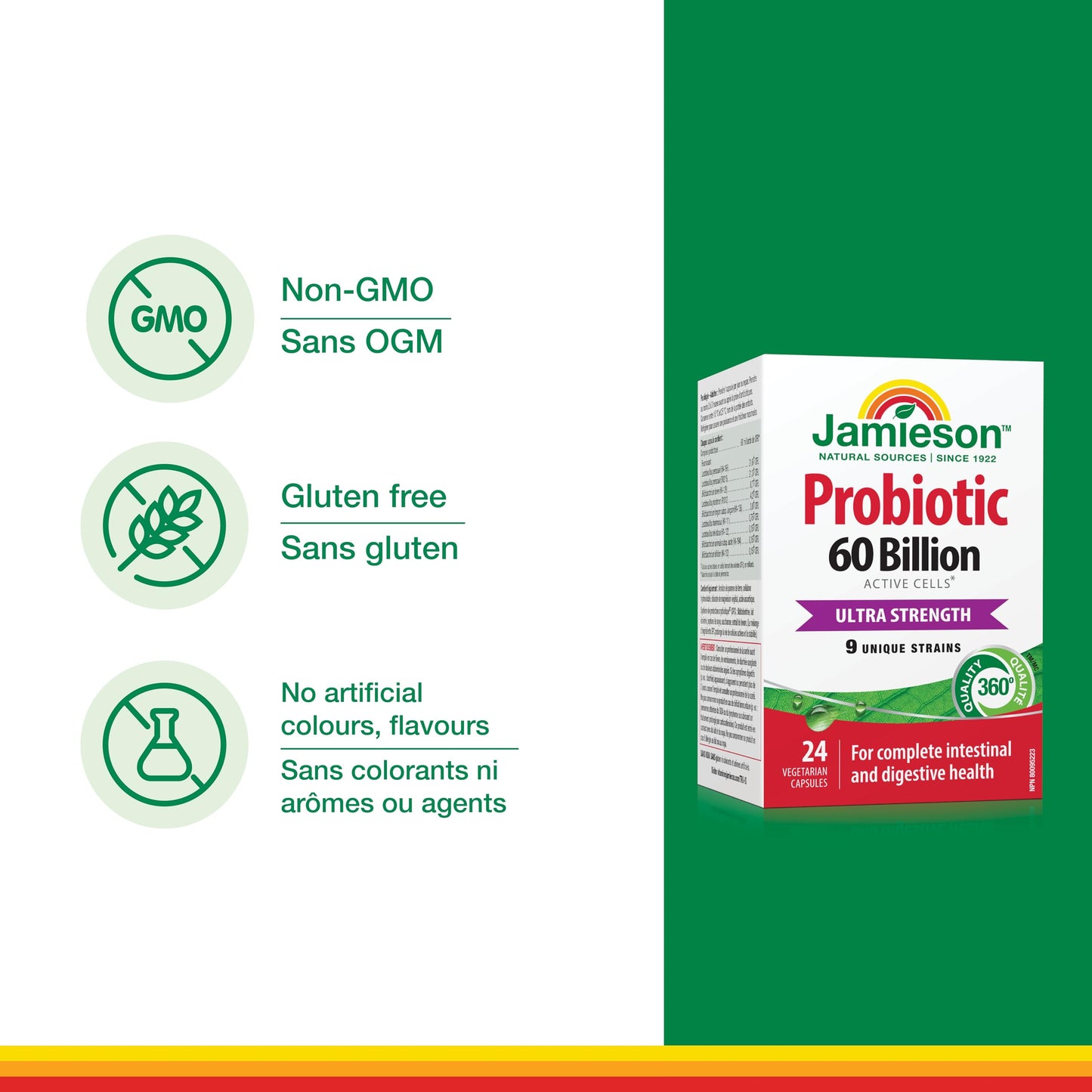 Jamieson Probiotic 60 Billion Active Cells, Ultra Strength, Supports Digestive Health and Intestinal Health. 9 Unique Strains, Including Lactobacillus and Bifidobacterium, Non-GMO, Gluten-Free, 24 Vegetarian capsules - Available at All In One Marketplace Canada