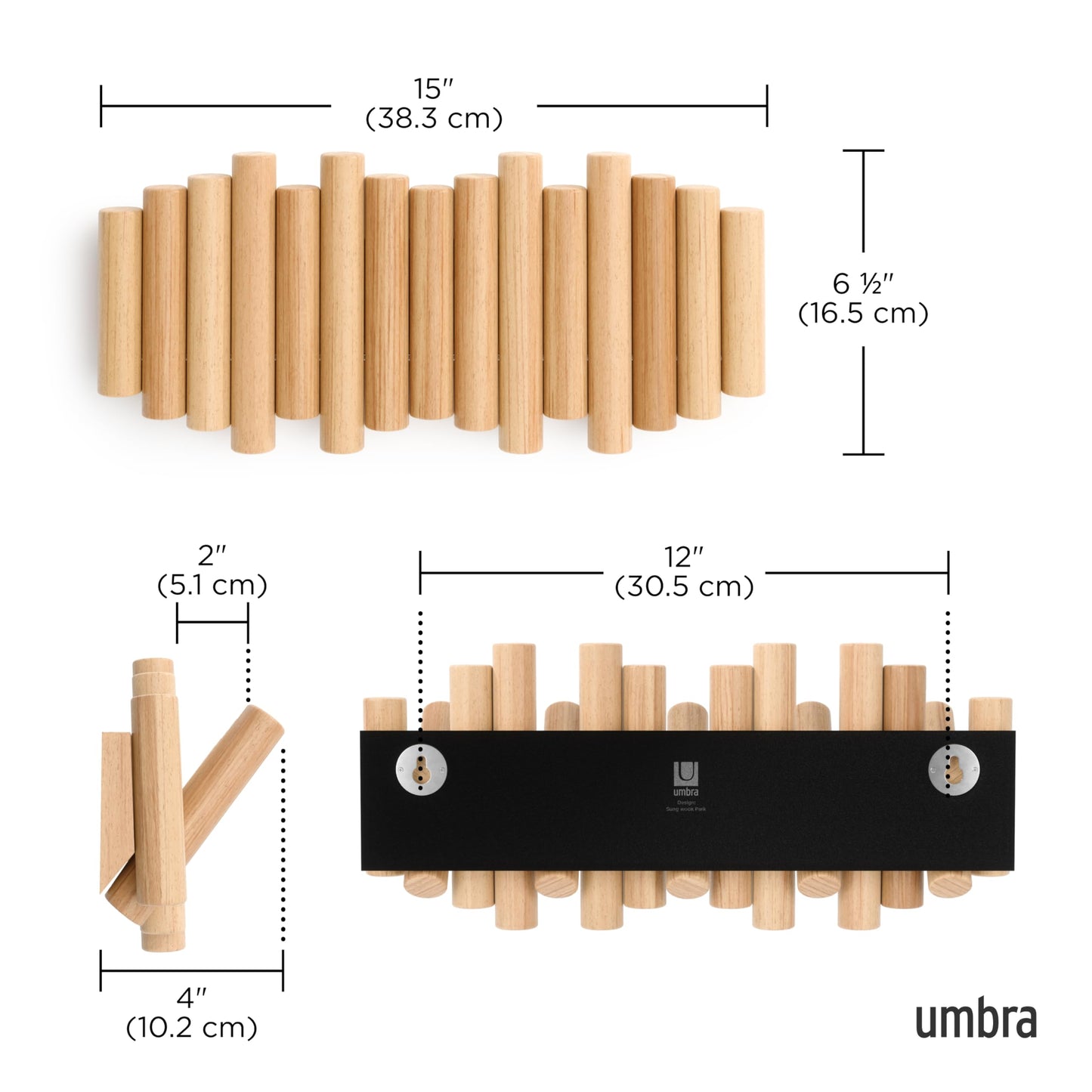 Umbra Picket Coat Rack Wall Mount – 5 Flip-Down Wood Coat Hooks, Modern & Functional Storage, Easy Install Wall Hooks, Natural Umbra