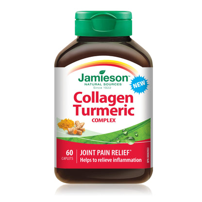 Jamieson Collagen Turmeric Complex, with 600 mg Collagen, Anti-inflammatory, Provides Joint Pain Relief and Digestive Support. Gluten-Free, No Artificial Colours, Flavours, or Preservatives, 60 Caplets, Proudly Canadian - Available at All In One Marketplace Canada