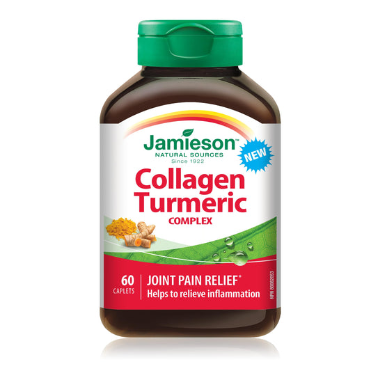 Jamieson Collagen Turmeric Complex, with 600 mg Collagen, Anti-inflammatory, Provides Joint Pain Relief and Digestive Support. Gluten-Free, No Artificial Colours, Flavours, or Preservatives, 60 Caplets, Proudly Canadian - Available at All In One Marketplace Canada