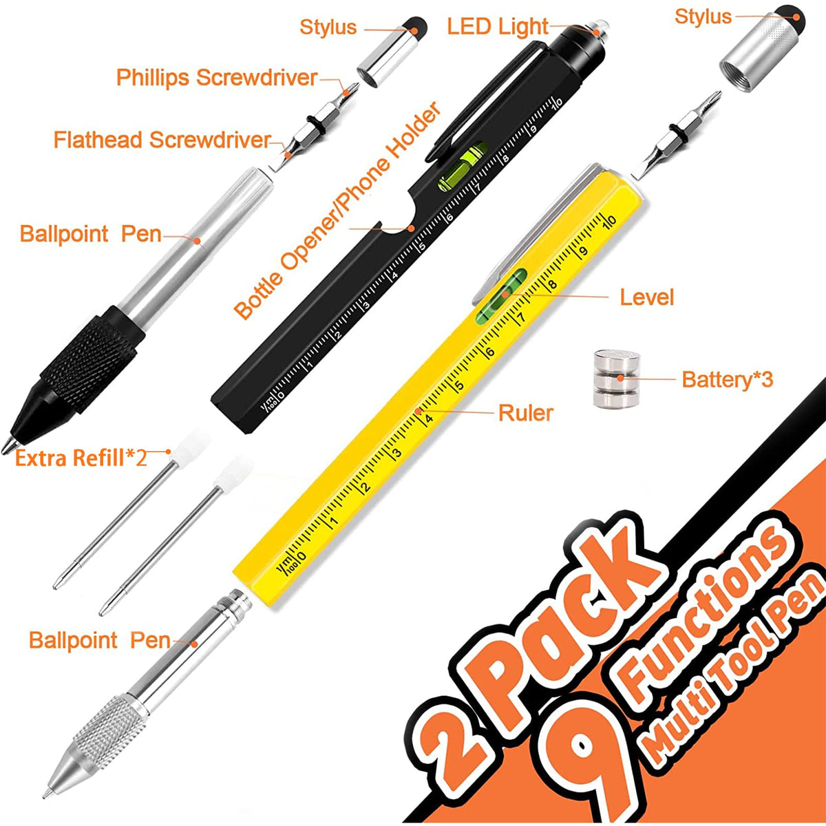 Stocking Stuffers for Men,Dad Present for Men, Christmas Cool Gadgets Present, Multi-Tool Pen 2 Pack 2024 [Stylus, Ballpoint Pen,with 2 Replacement Refills, 4" Ruler, Level, Phillips Screwdriver,LED] 🍁 All In One Marketplace Canada