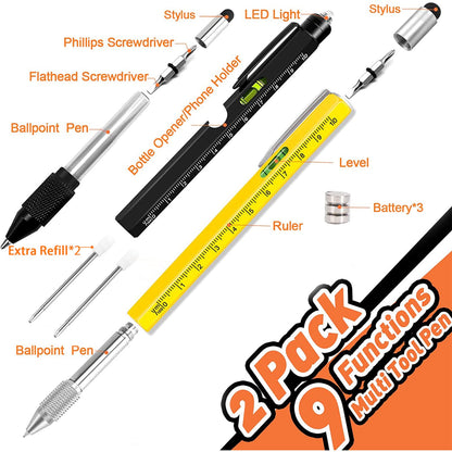 Stocking Stuffers for Men,Dad Present for Men, Christmas Cool Gadgets Present, Multi-Tool Pen 2 Pack 2024 [Stylus, Ballpoint Pen,with 2 Replacement Refills, 4" Ruler, Level, Phillips Screwdriver,LED] 🍁 All In One Marketplace Canada