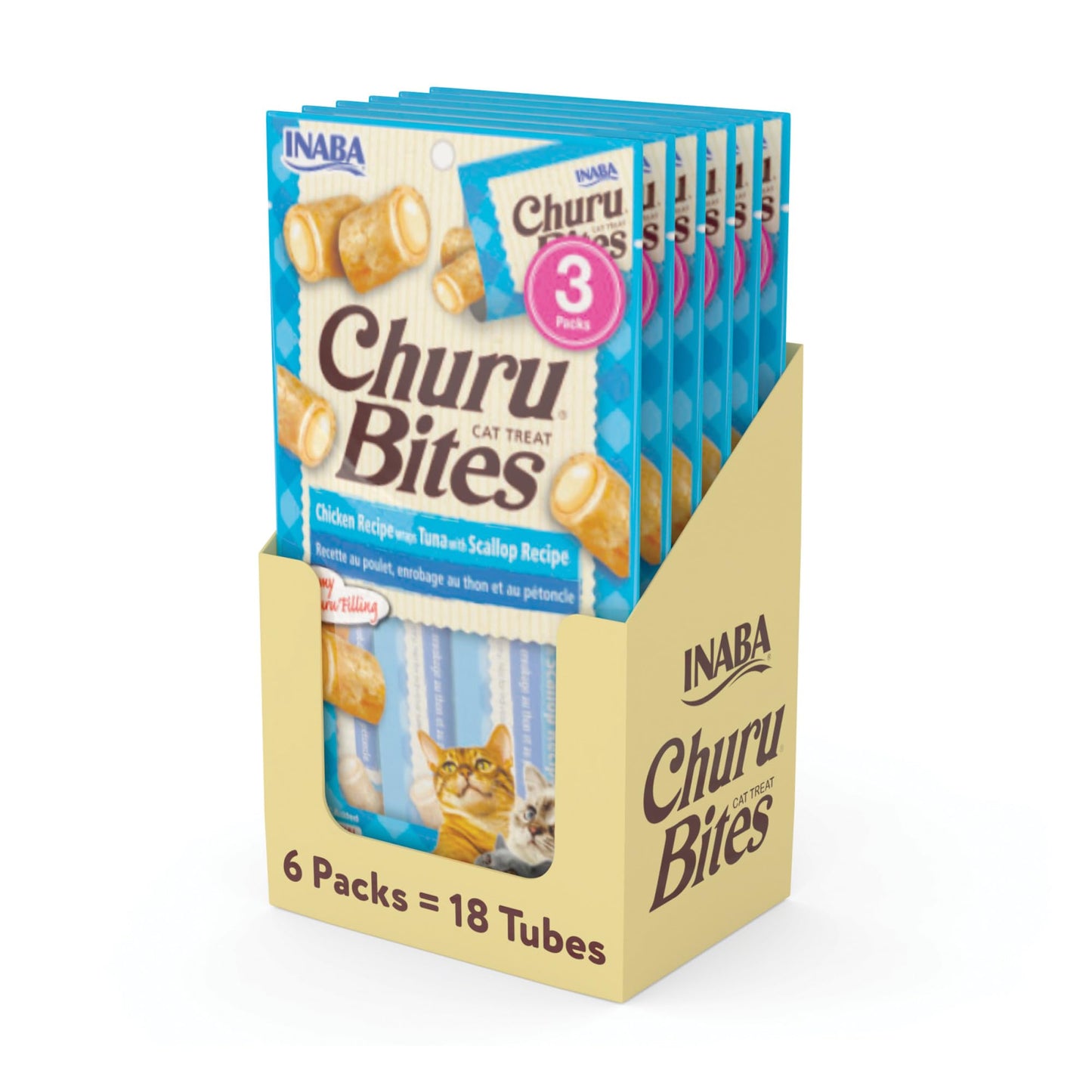 INABA Churu Bites Soft & Chewy Cat Treats, Tuna Scallop, 18ct | Immune support, 72% moisture, Low calorie, Pill-friendly center, Grain-free, Preservative-free, 18 x 0.35 oz tubes INABA