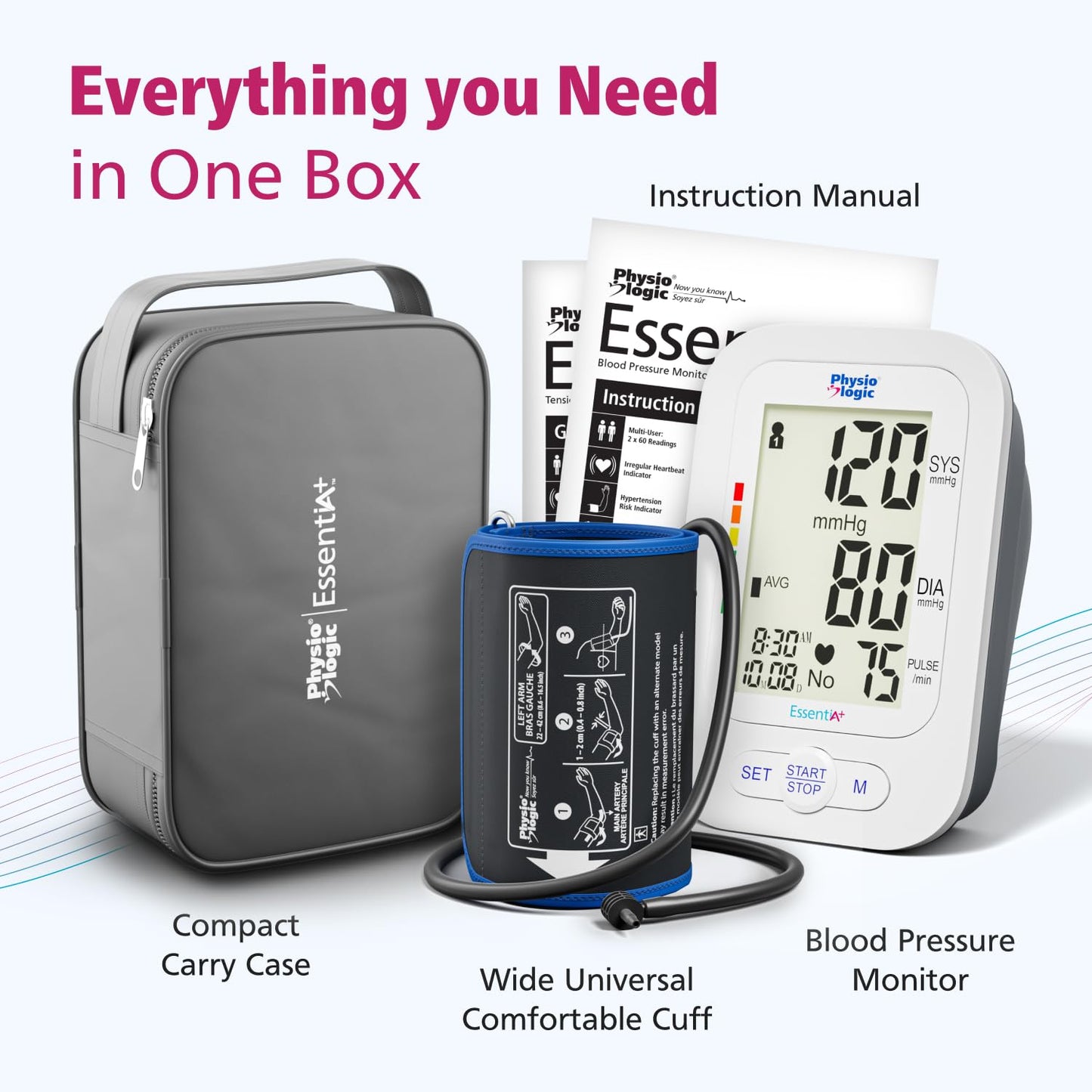 Physio Logic Essentia+ Clinically Accurate, Affordable Blood Pressure Monitor for Home Use, Easy 1-Touch Operation, Premium XL Display, 2-User, 120 Readings, Wide Cuff (22–42 cm), Compact Carry Case - Available at All In One Marketplace Canada