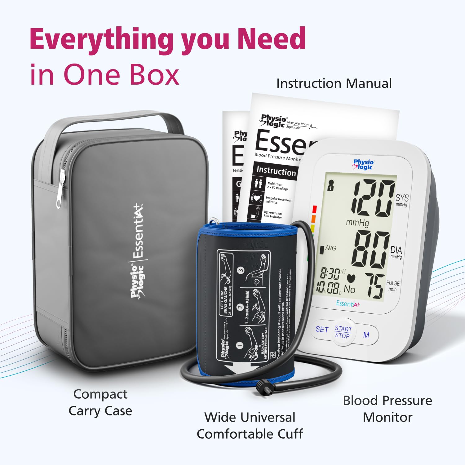 Physio Logic Essentia+ Clinically Accurate, Affordable Blood Pressure Monitor for Home Use, Easy 1-Touch Operation, Premium XL Display, 2-User, 120 Readings, Wide Cuff (22–42 cm), Compact Carry Case - Available at All In One Marketplace Canada